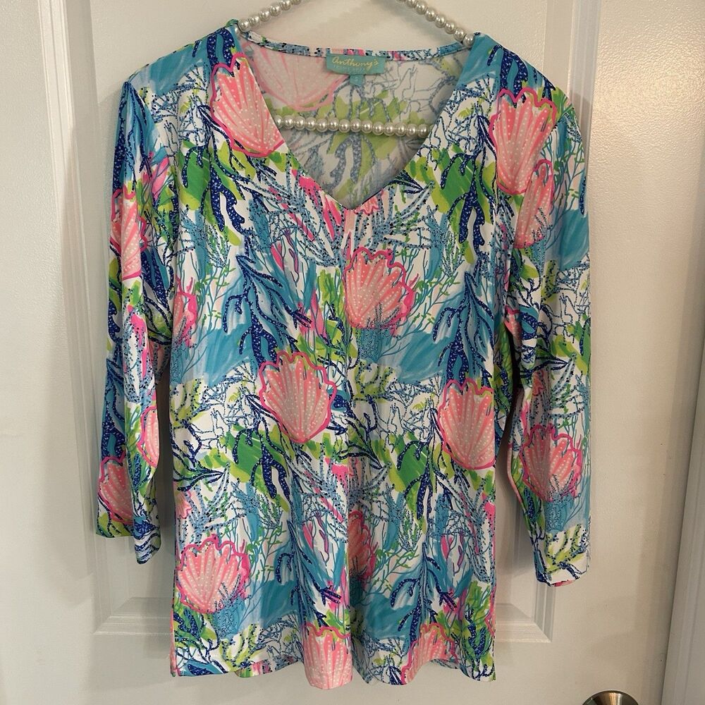 Anthony's Resort Wear Top Women's Small Tropical Shells Blouse Beach Artsy Beach